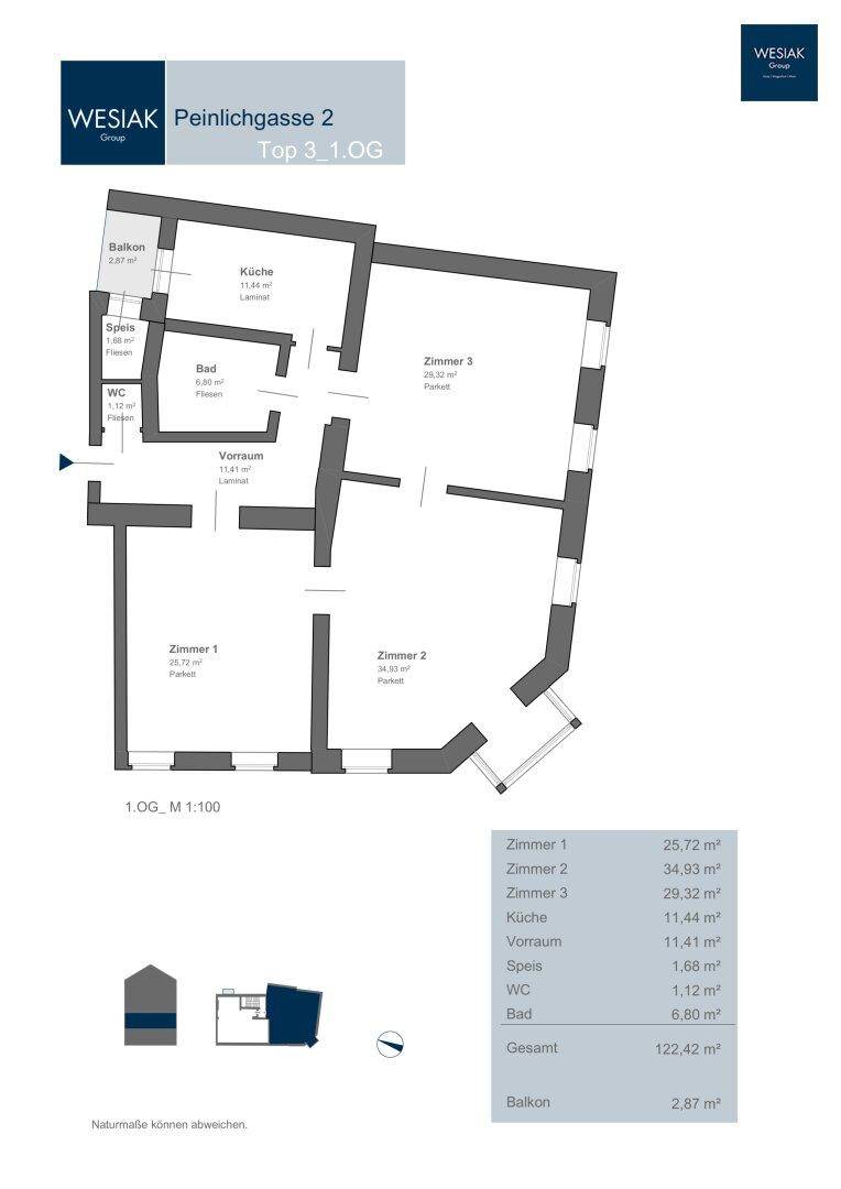 Grundriss der Wohnung Top 3 im ersten Obergeschoss mit Balkon und drei Zimmern.