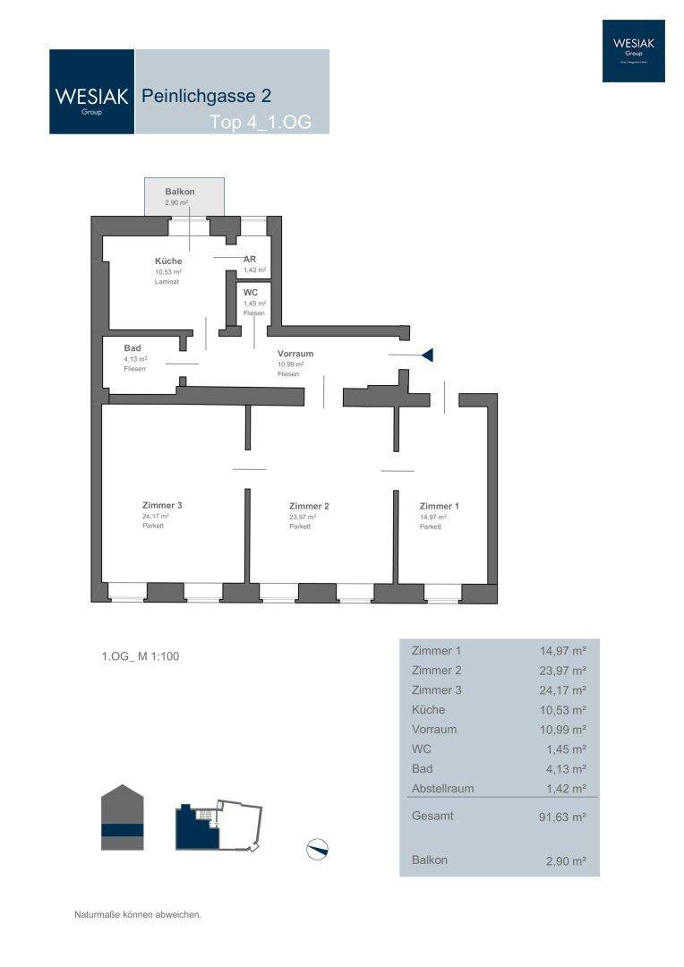 Grundriss der Wohnung Top 4 im ersten Obergeschoss mit Balkon und drei Zimmern.