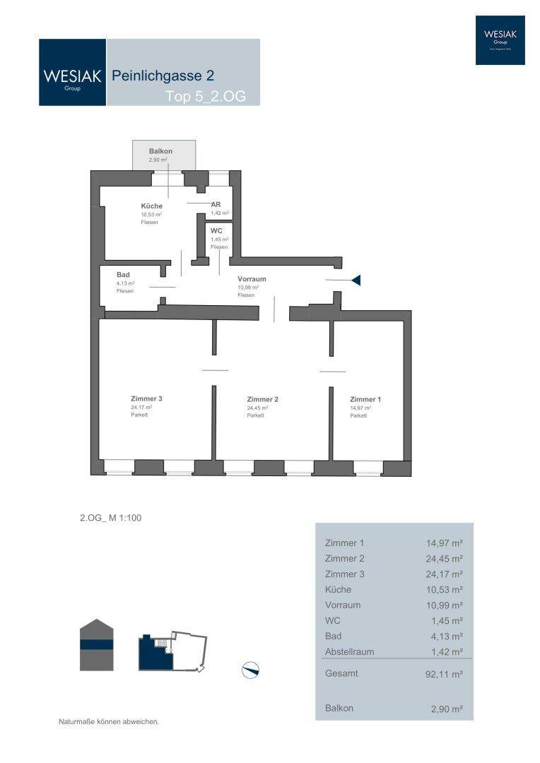 Grundriss der Wohnung Top 5 im zweiten Obergeschoss mit Balkon und drei Zimmern.