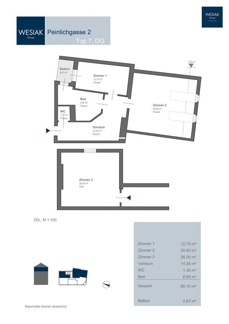 Grundriss der Dachgeschosswohnung Top 7 mit Balkon, zwei Zimmern und Bad.
