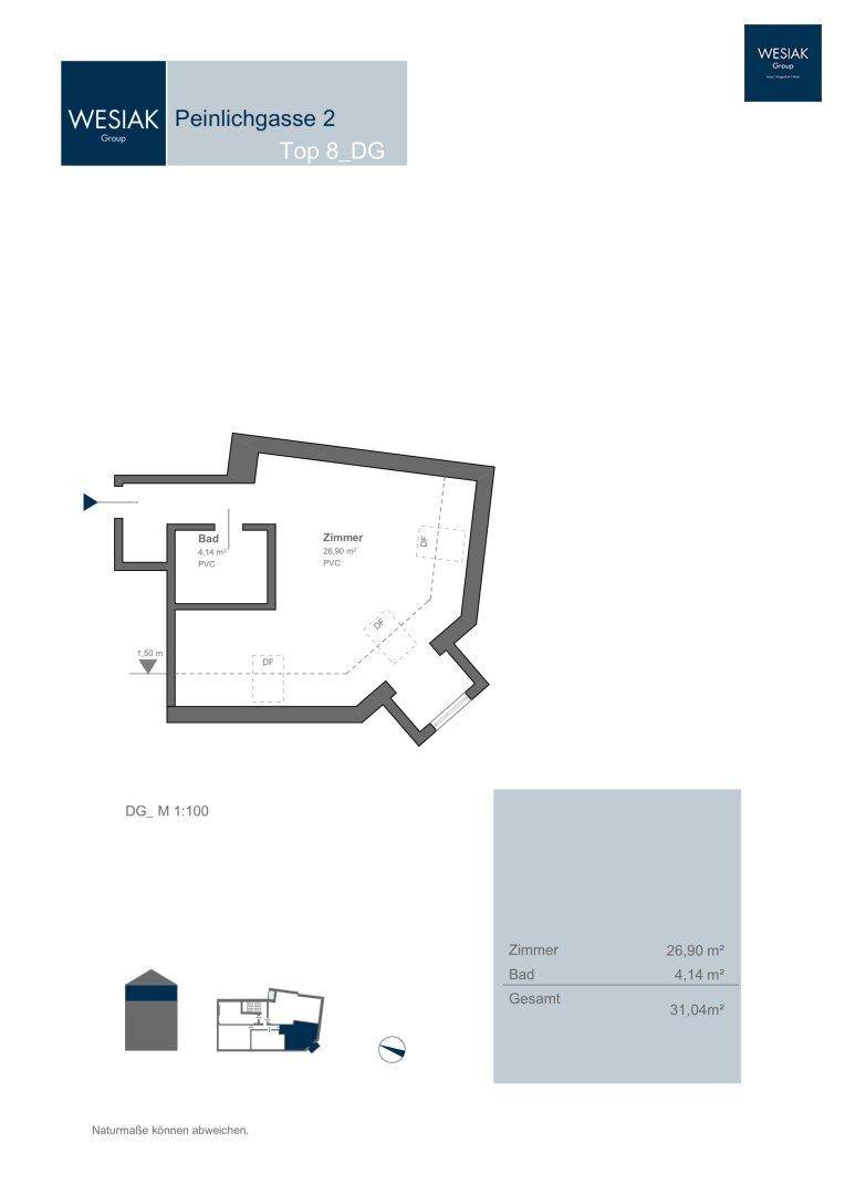 Grundriss der Dachgeschosswohnung Top 8 mit einem Zimmer und Bad.