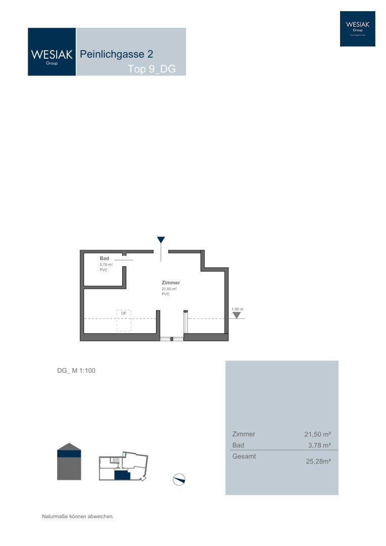 Grundriss der Dachgeschosswohnung Top 9 mit einem Zimmer und Bad.