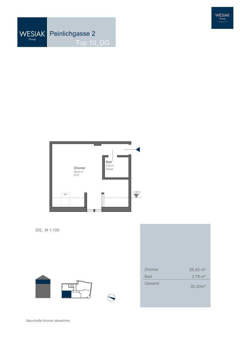 Grundriss der Dachgeschosswohnung Top 10 mit einem Zimmer und Bad.