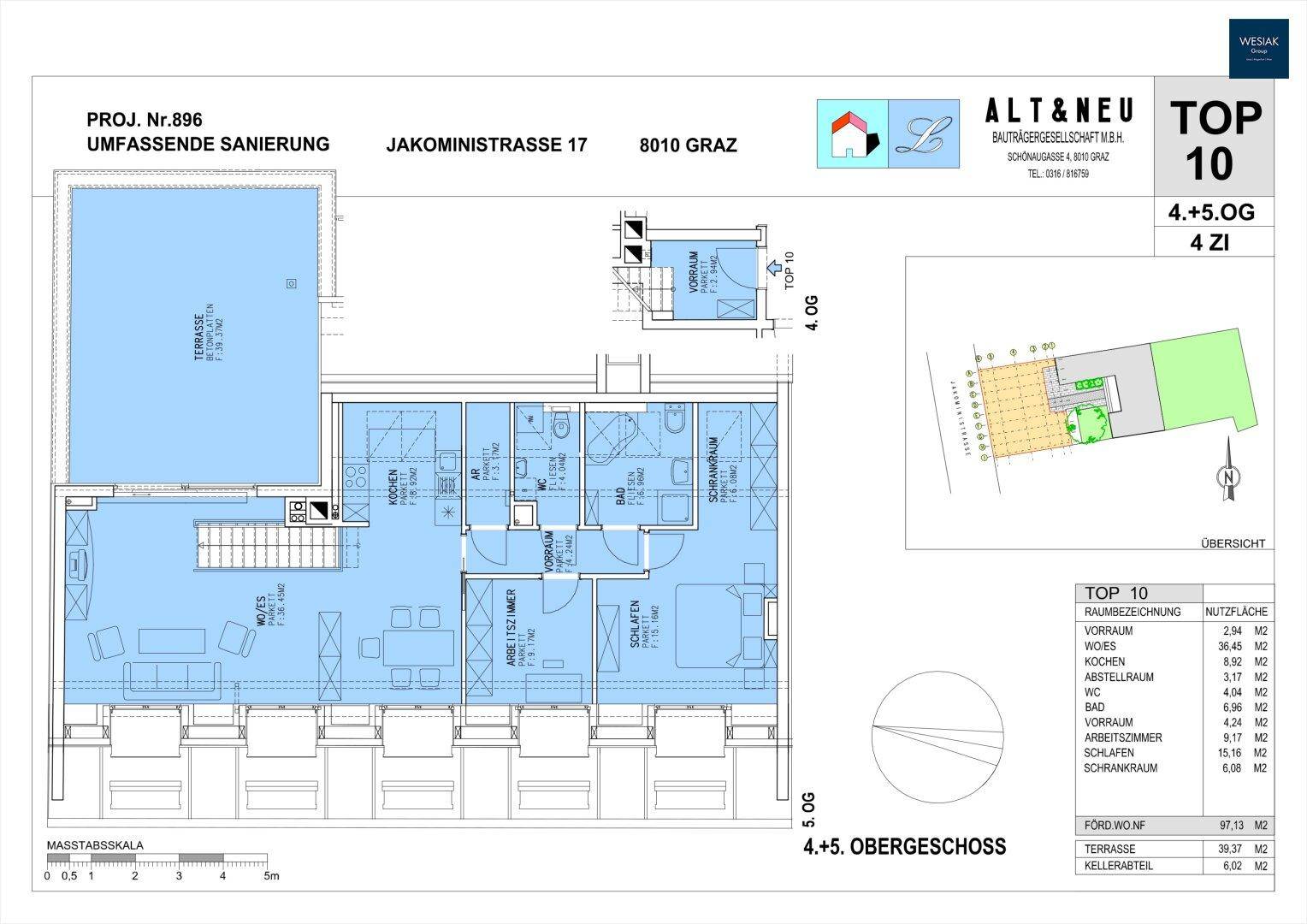 Grundriss der Wohnung im 4. und 5. Obergeschoss mit großer Terrasse.