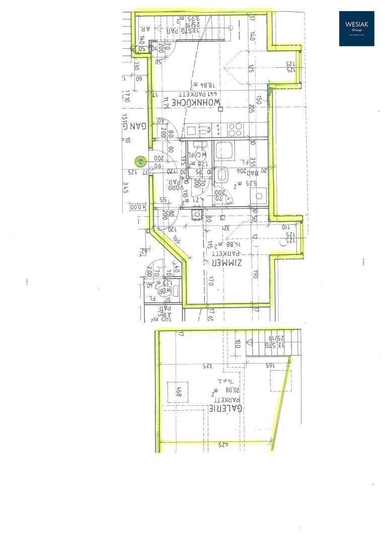 Grundriss einer Dachgeschosswohnung mit offener Wohnküche, Zimmer und einer Galerieebene.