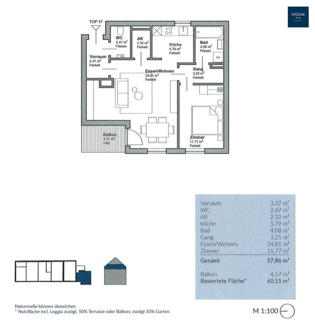 Grundrissplan einer Wohnung mit offenem Wohn-Essbereich, separater Küche, Schlafzimmer, Bad und Balkon.
