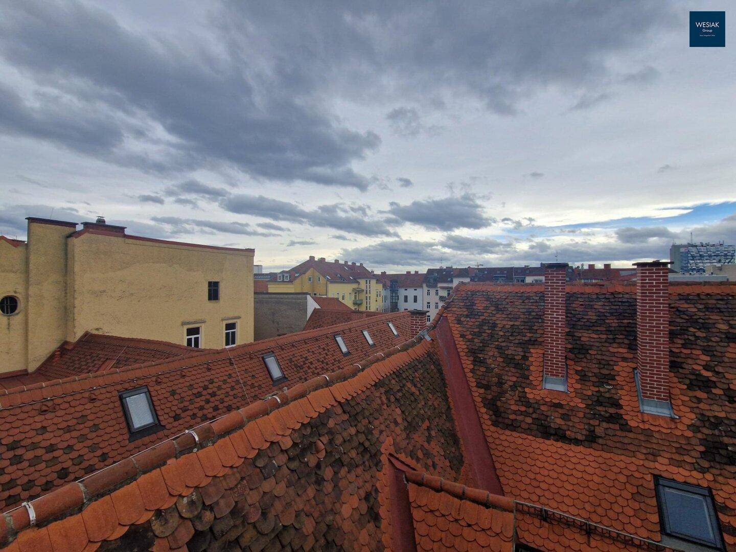 Blick über die Dächer der Stadt mit vielen Ziegeln und Dachfenstern unter bewölktem Himmel.