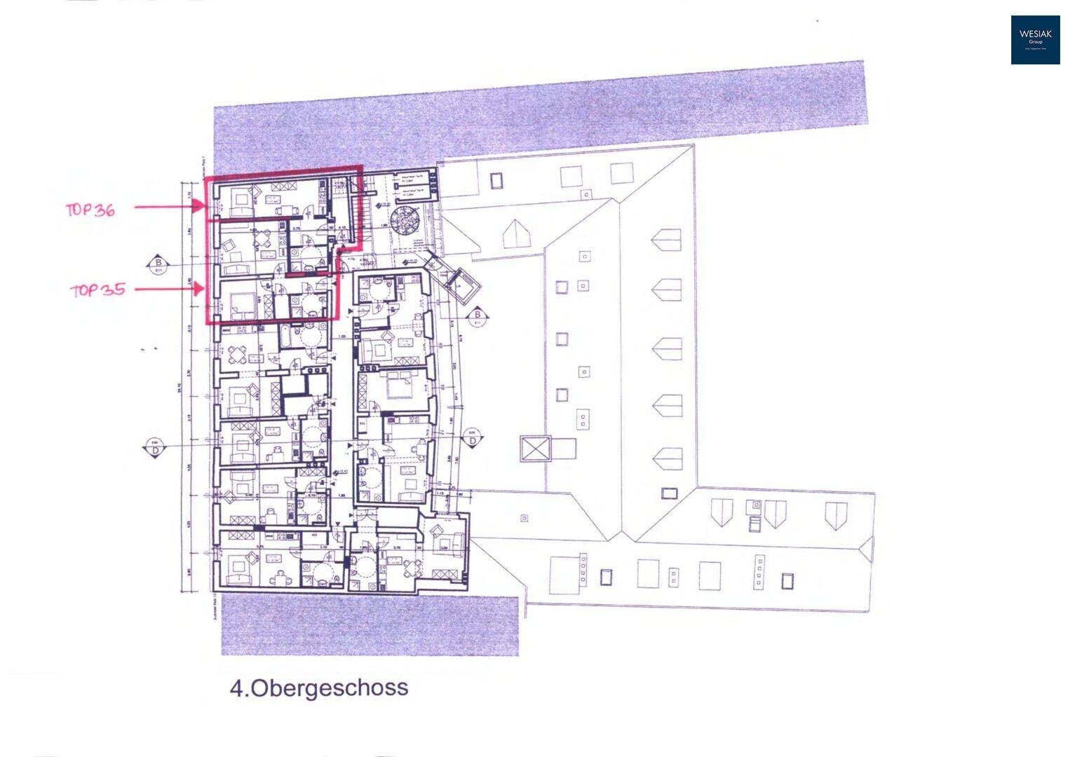 Grundriss des 4. Obergeschosses mit mehreren Wohneinheiten und markierten Bereichen.