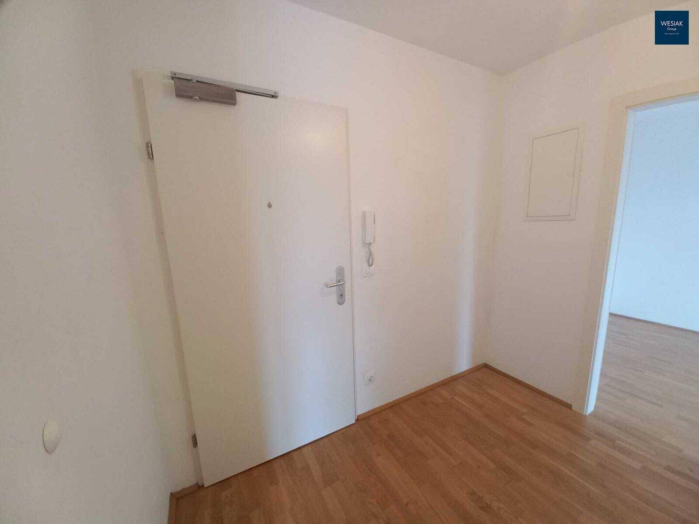 Eingangsbereich der Wohnung mit Holzboden und weißer Eingangstür, schlicht und funktional.