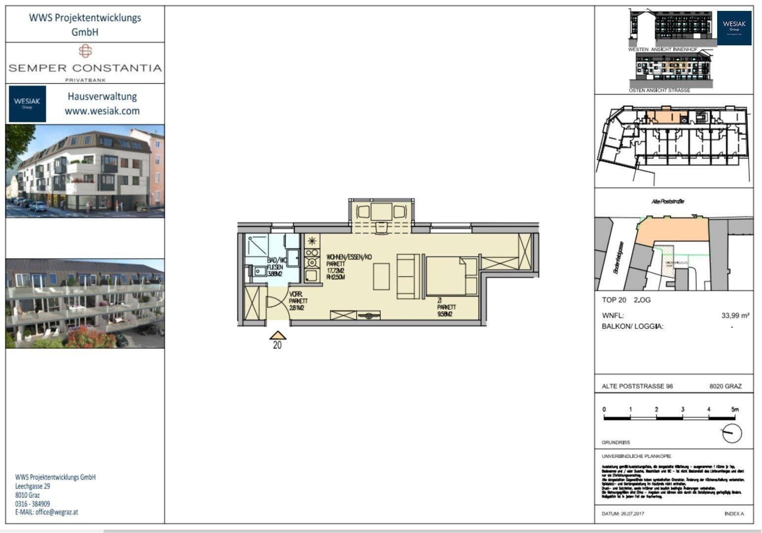Grundriss einer Wohnung mit offenem Wohn-Essbereich, Balkon/Loggia und Schlafzimmer.