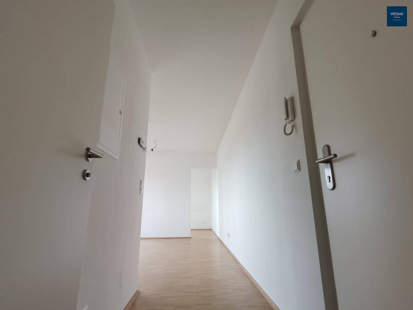 Heller Flur mit Parkettboden und weißen Wänden, der zu weiteren Räumen führt.