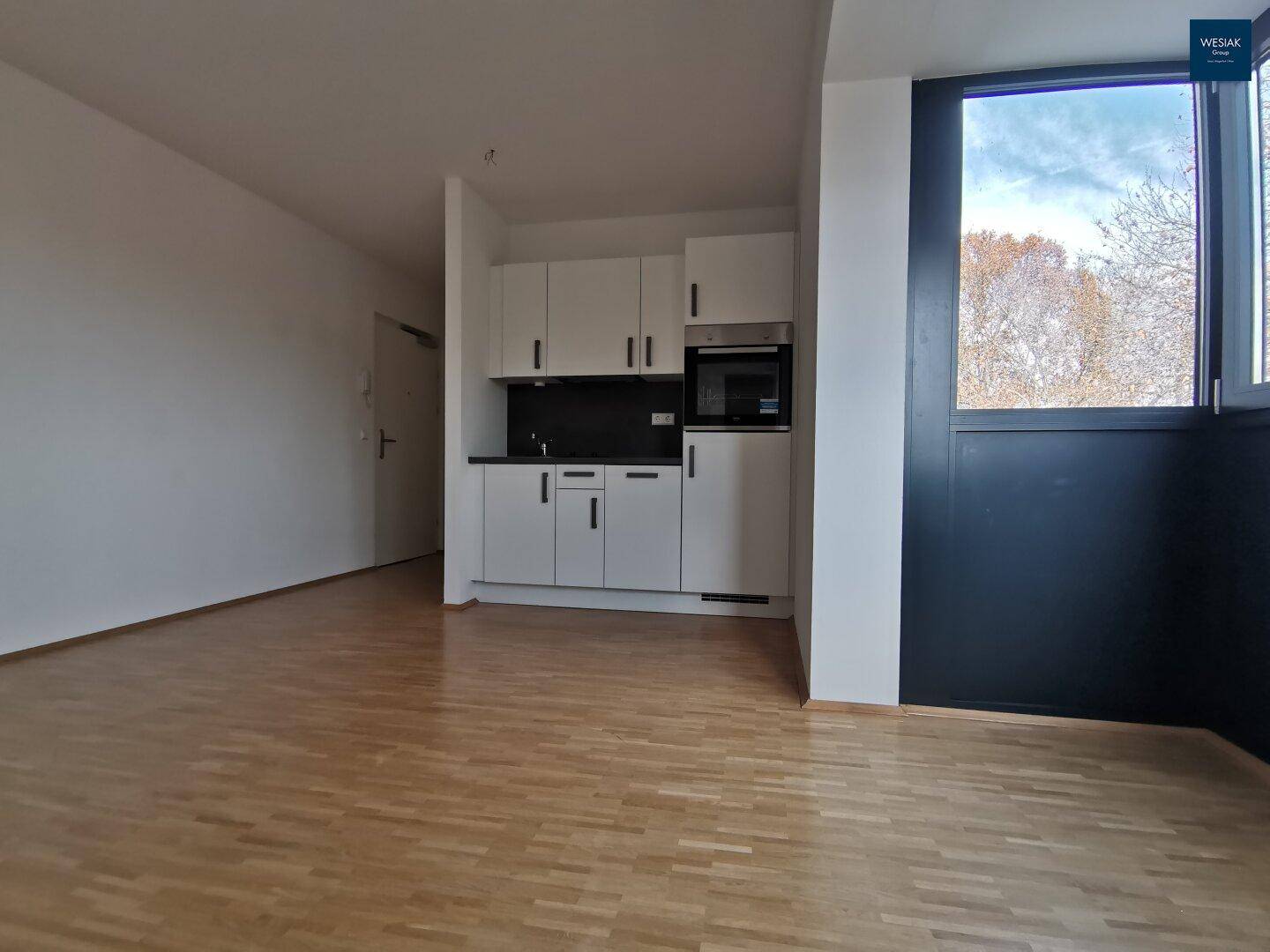 Wohnbereich mit kleiner, funktionaler Küchenzeile, Parkettboden und viel Tageslicht.