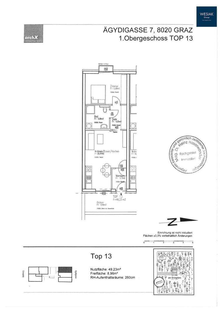 Grundriss der Wohnung Top 13 im ersten Obergeschoss mit Raumaufteilung.