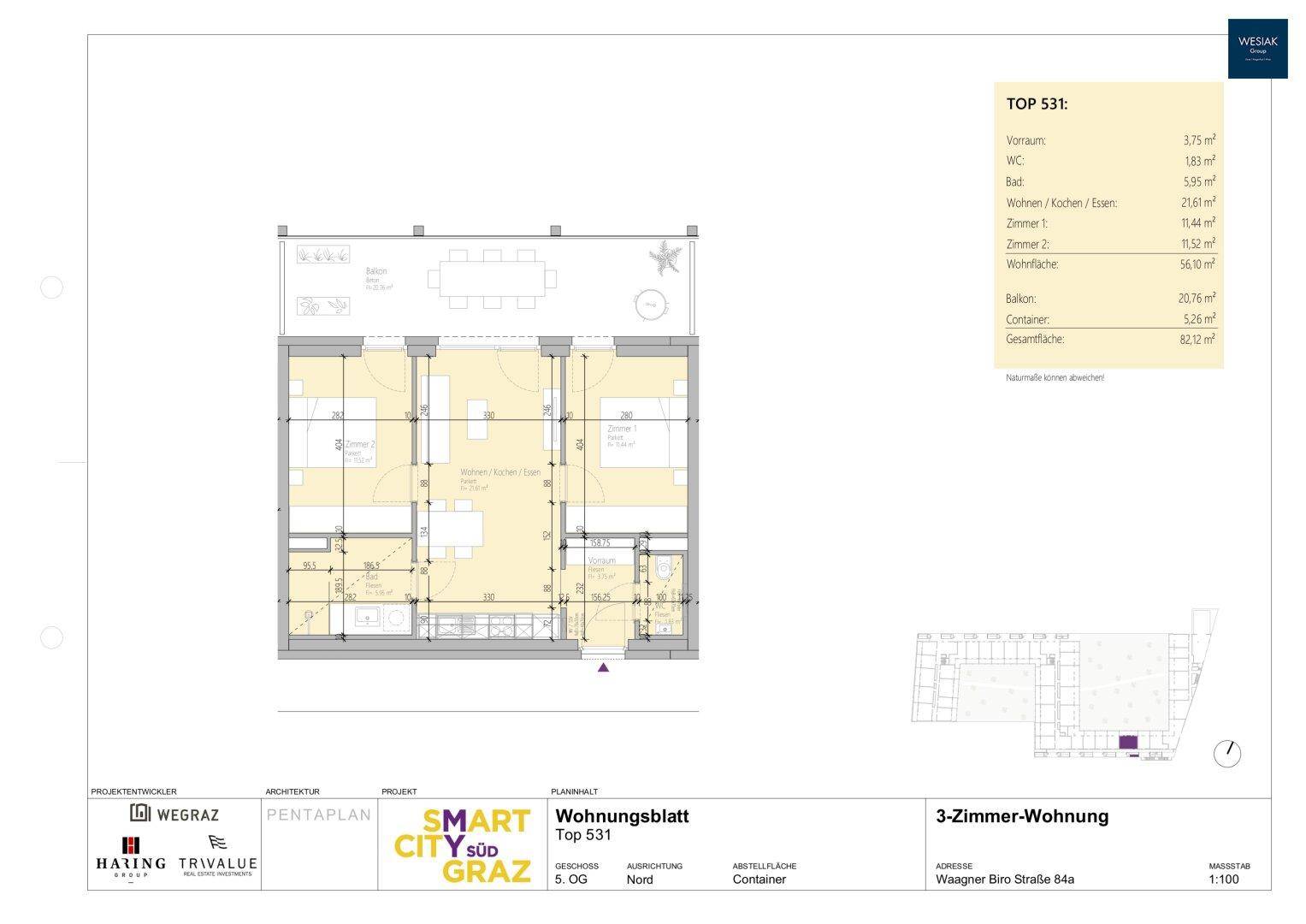 Grundriss einer 3-Zimmer-Wohnung mit Balkon und offenem Wohnbereich im 5. Obergeschoss.