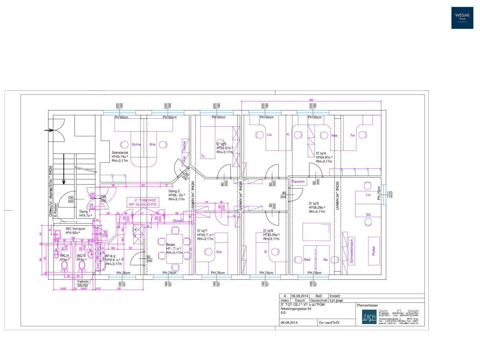 Detaillierter Grundriss mit Raumaufteilung und Bemaßungen.