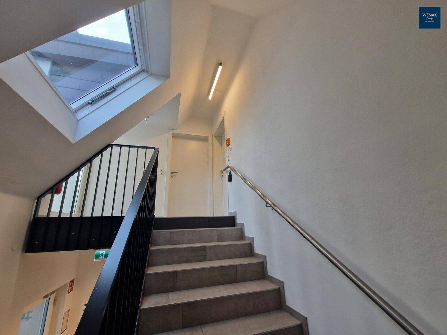 Treppenhaus mit modernem Geländer, großem Dachfenster und gefliesten Stufen, das nach oben führt.