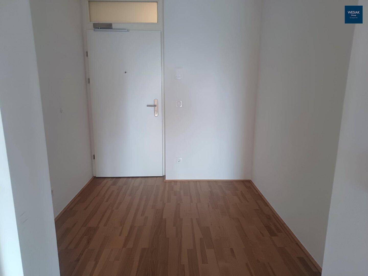 Eingangsbereich mit Holzboden und weißer Tür, bereit für individuelle Gestaltung.