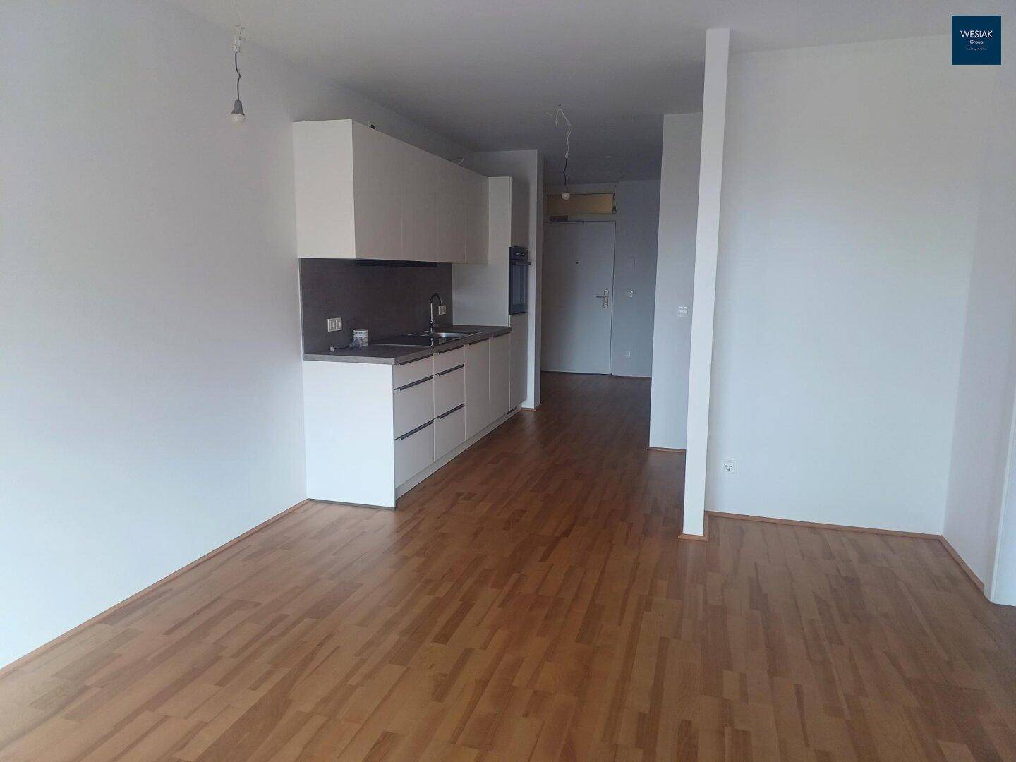Offener Wohnbereich mit integrierter Küchenzeile und Holzboden, ideal für modernes Wohnen.