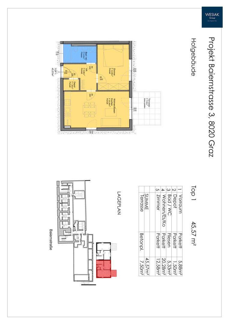 Grundrissplan einer Wohnung mit offenem Wohnbereich, Terrasse und Gartenanteil.