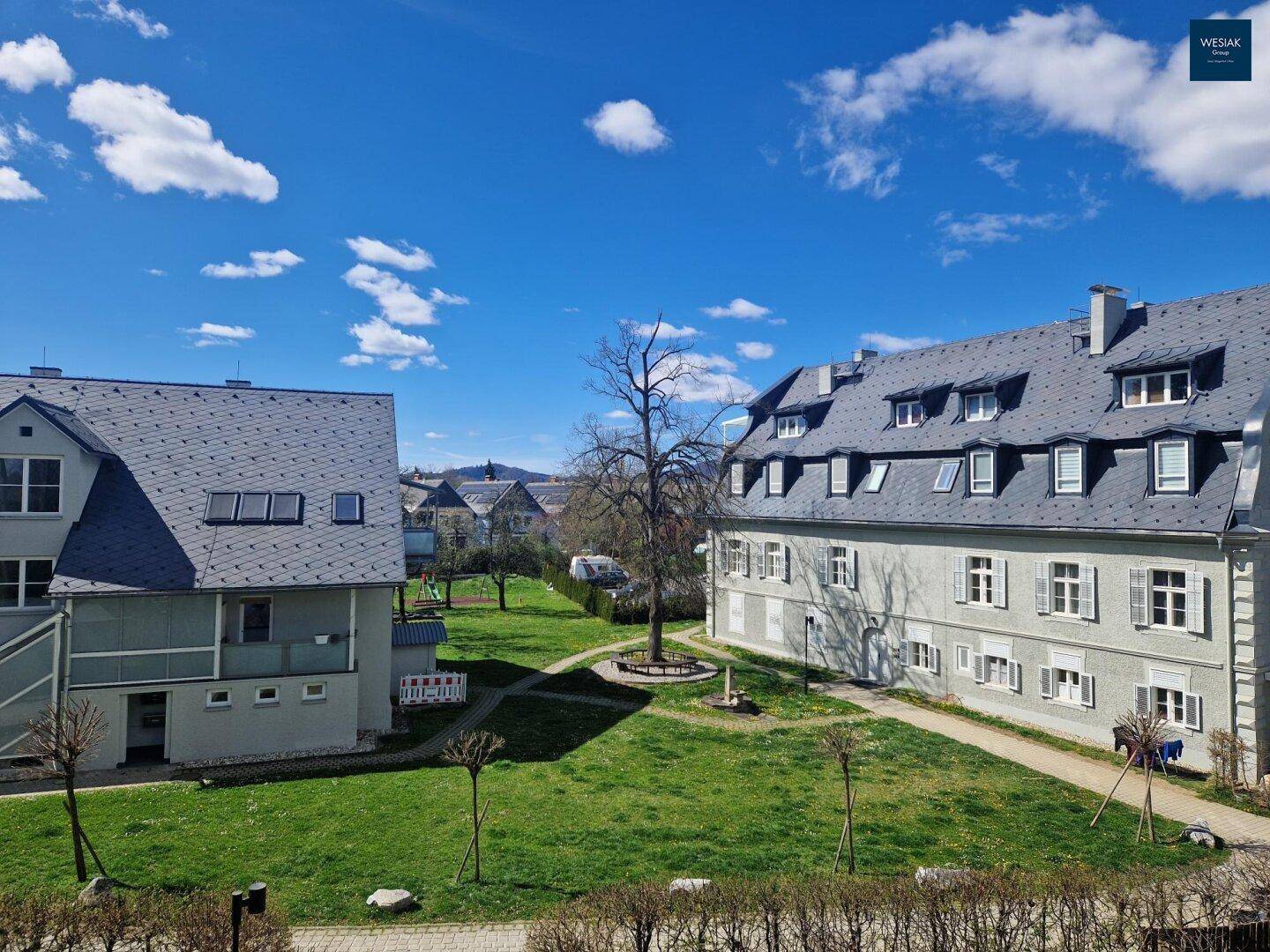 Weitläufige Grünfläche zwischen Wohngebäuden unter blauem Himmel.