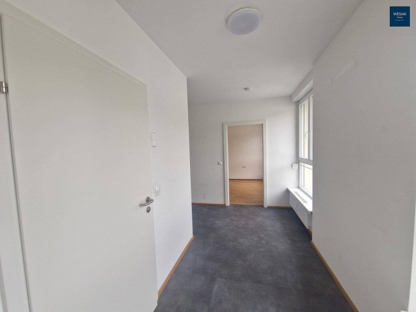 Leerer Flur mit Teppichboden, weiß gestrichenen Wänden und einem Fenster.