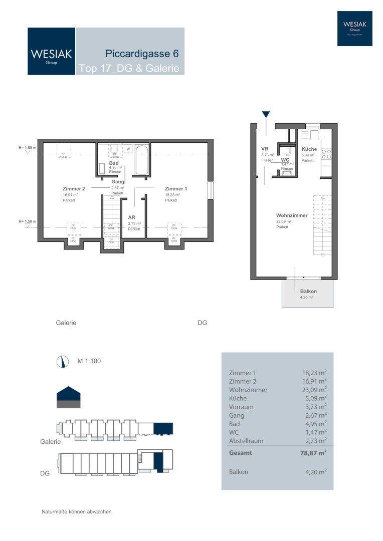 Grundriss einer Maisonette-Wohnung über zwei Ebenen mit Balkon, separater Küche und Dachschrägen.