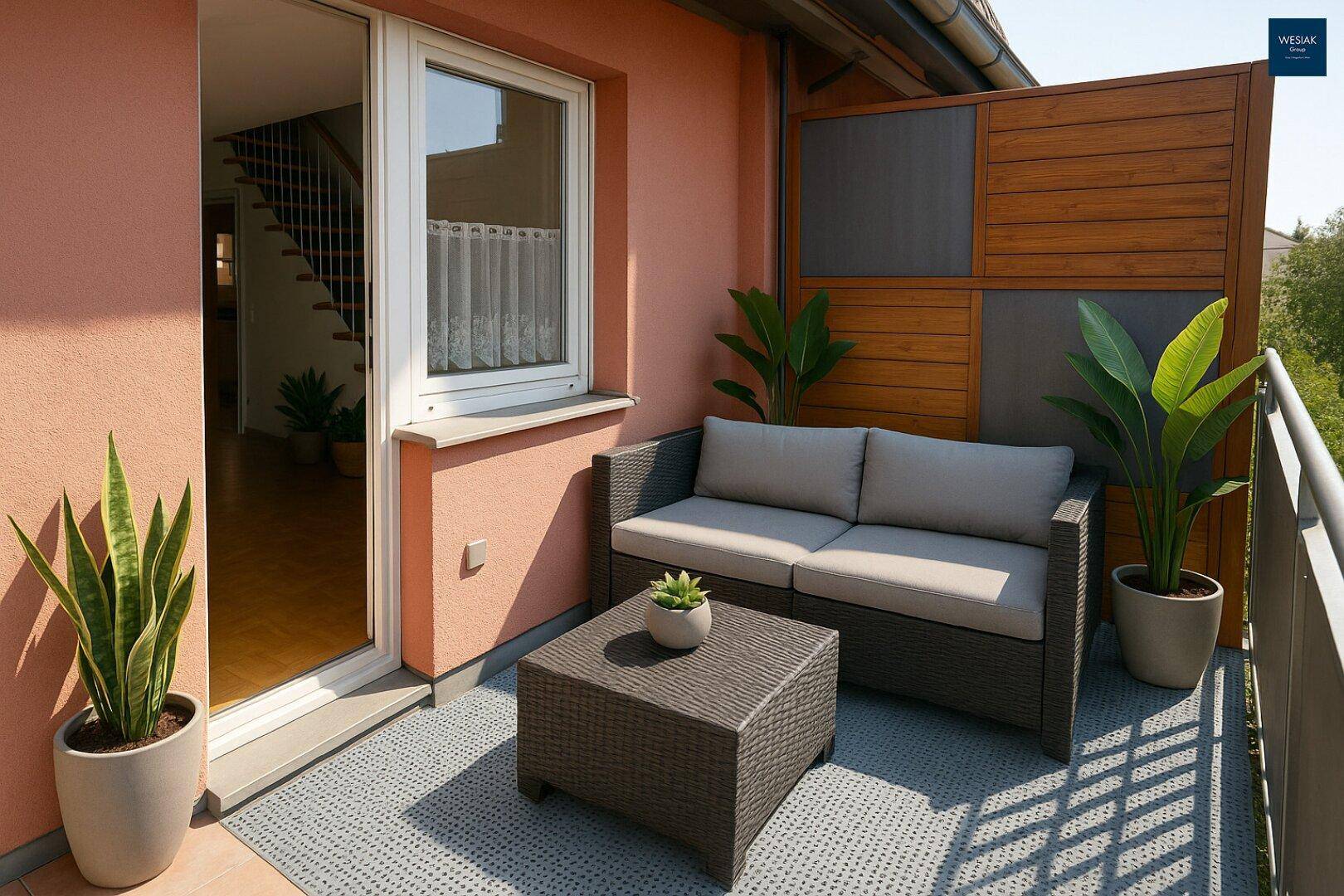 Möblierter Balkon mit Rattan-Sofa und Pflanzen, ideal zum Entspannen im Freien.