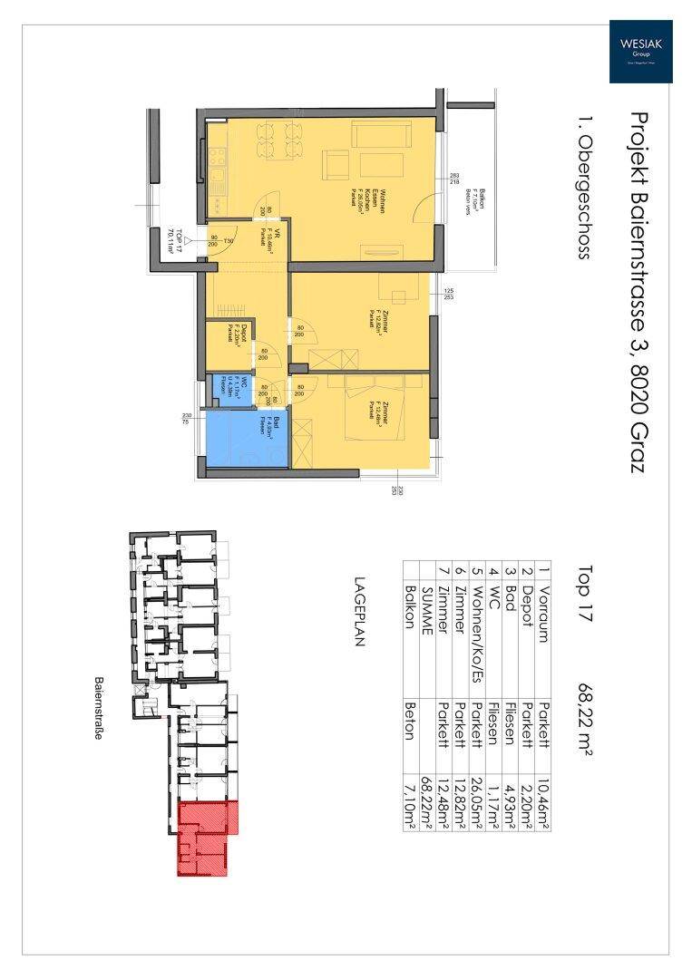 Grundriss des ersten Obergeschosses mit offenem Wohnbereich und Balkonzugang.