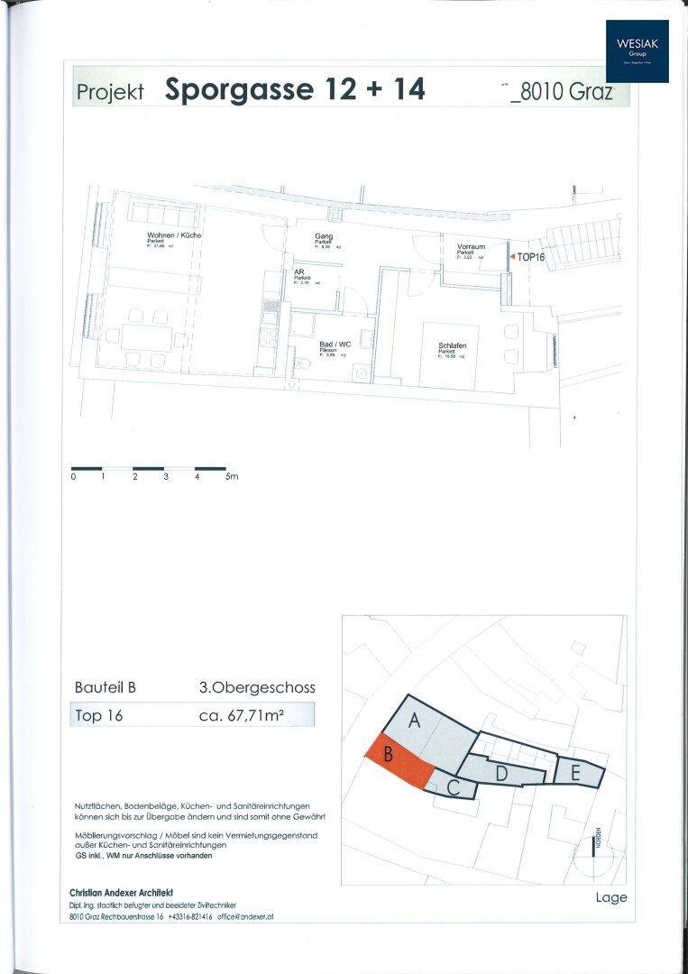 Grundriss der Wohnung Top 16 im 3. Obergeschoss mit ca. 67,71m², offenem Wohn-/Kochbereich und separatem Schlafzimmer.