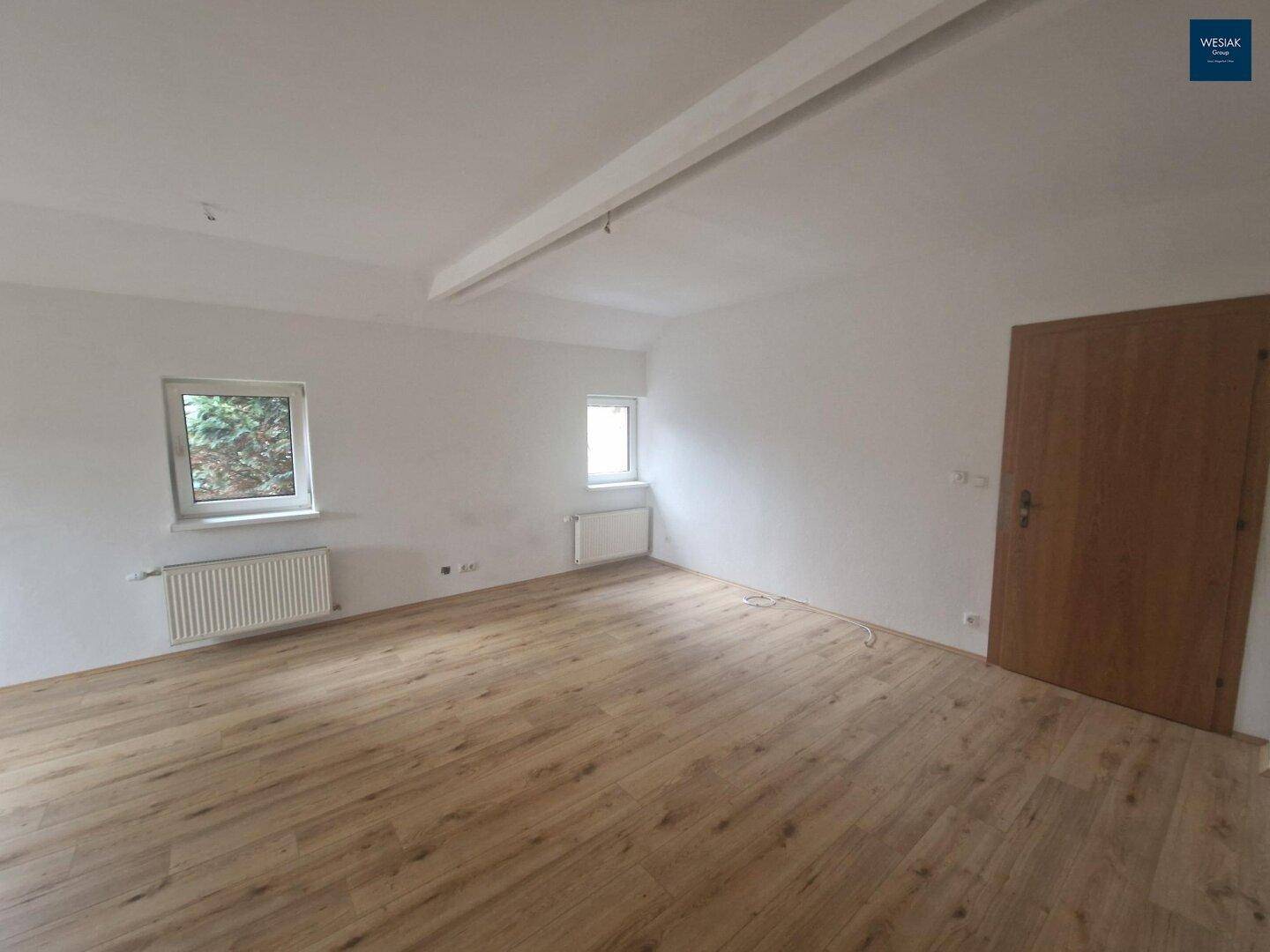 Heller Raum mit Laminatboden, zwei Fenstern und einer Holztür.
