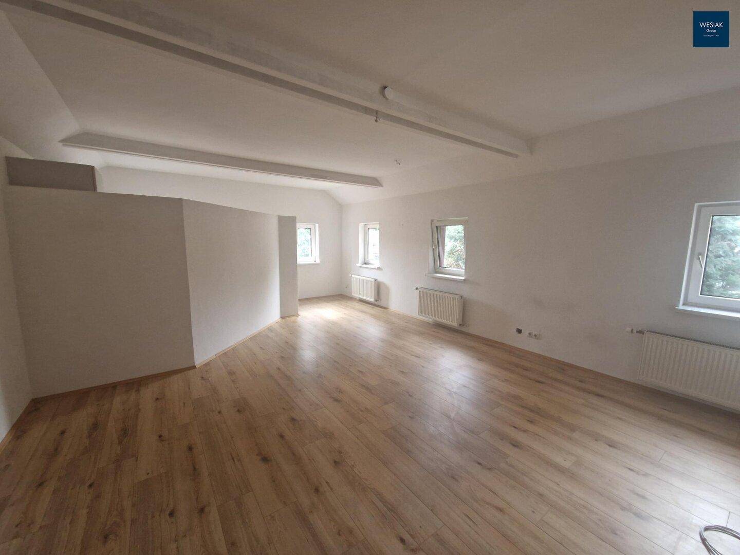Geräumiger, heller Wohnbereich mit Laminatboden und mehreren Fenstern.