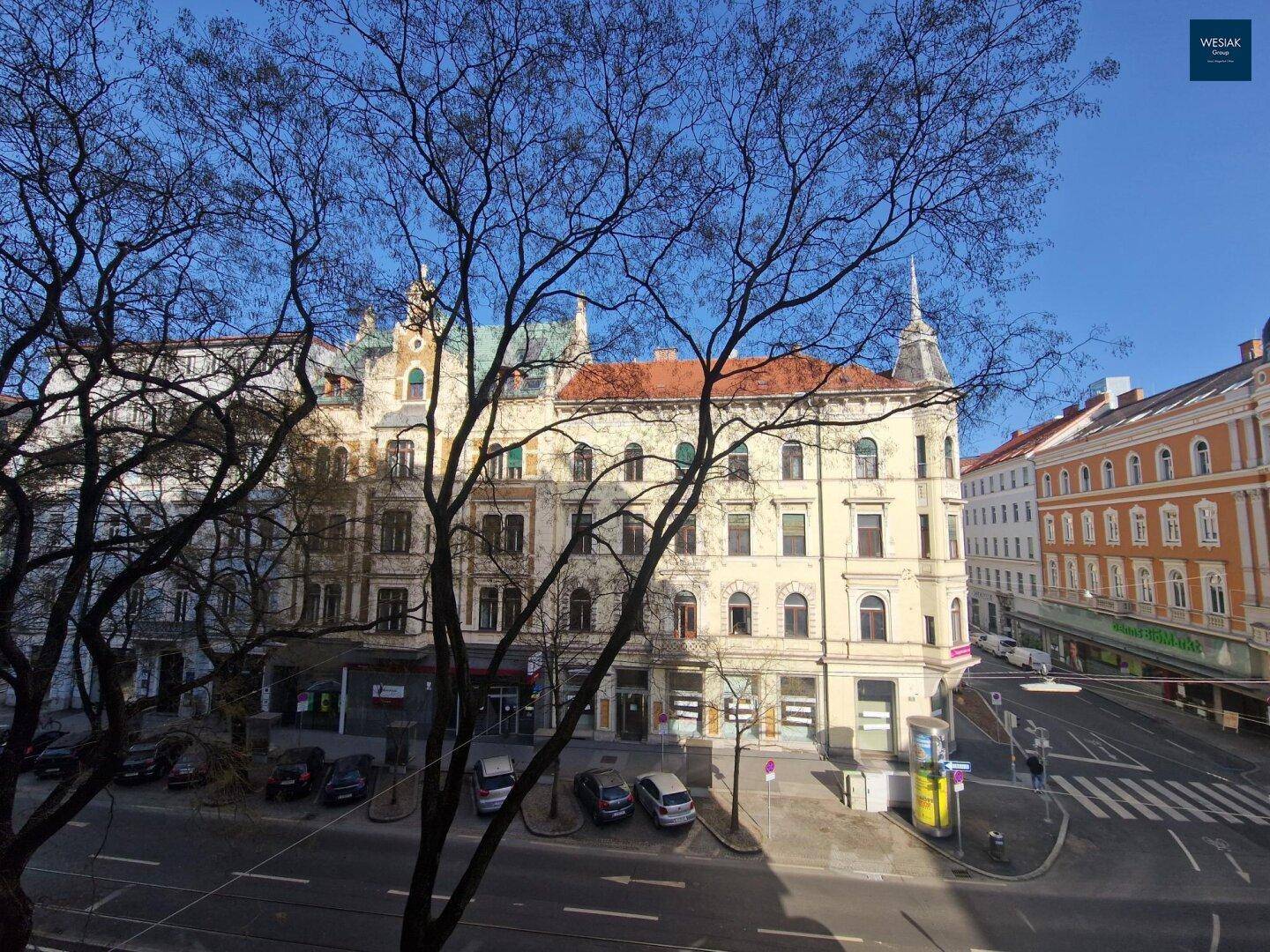 Blick aus dem Fenster auf eine belebte Stadtstraße mit historischen Gebäuden und Bäumen im Vordergrund.
