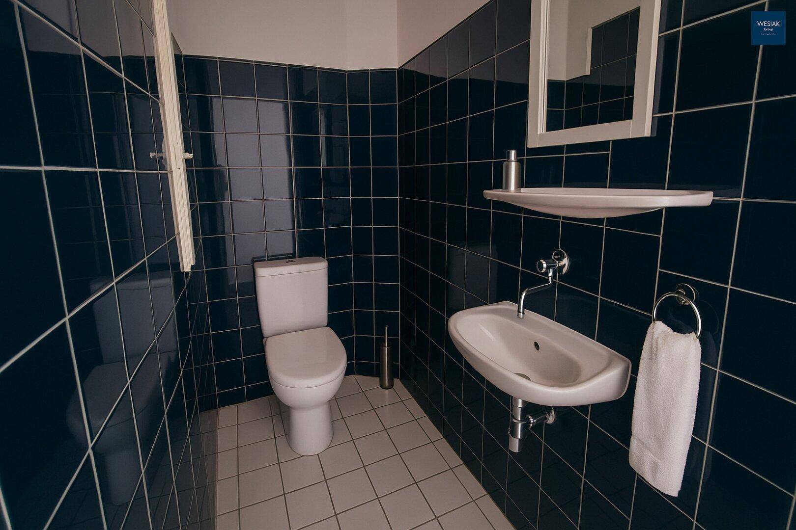 Kleines Badezimmer mit dunklen Fliesen, Toilette und Waschbecken, ausgestattet mit einem kleinen Fenster.