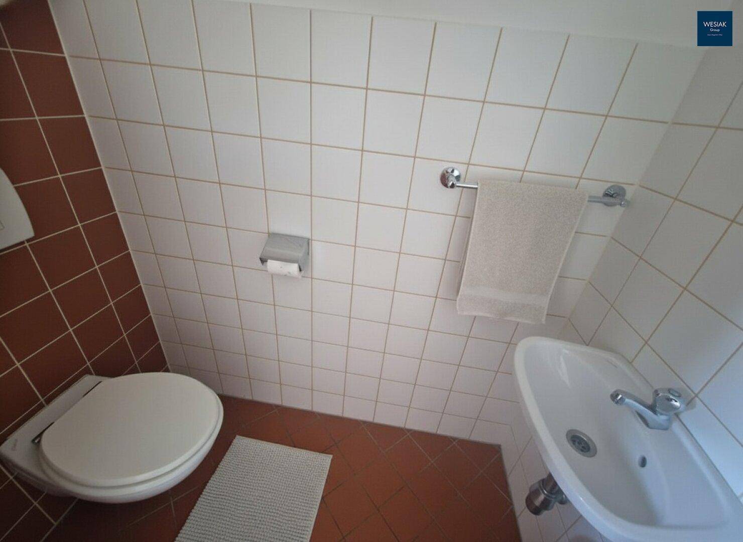 Kleines Gäste-WC mit braunen und weißen Fliesen, Toilette und Handwaschbecken.