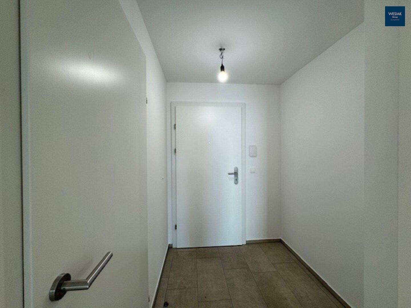 Heller Eingangsbereich mit weißen Wänden und modernem Fliesenboden in Holzoptik.