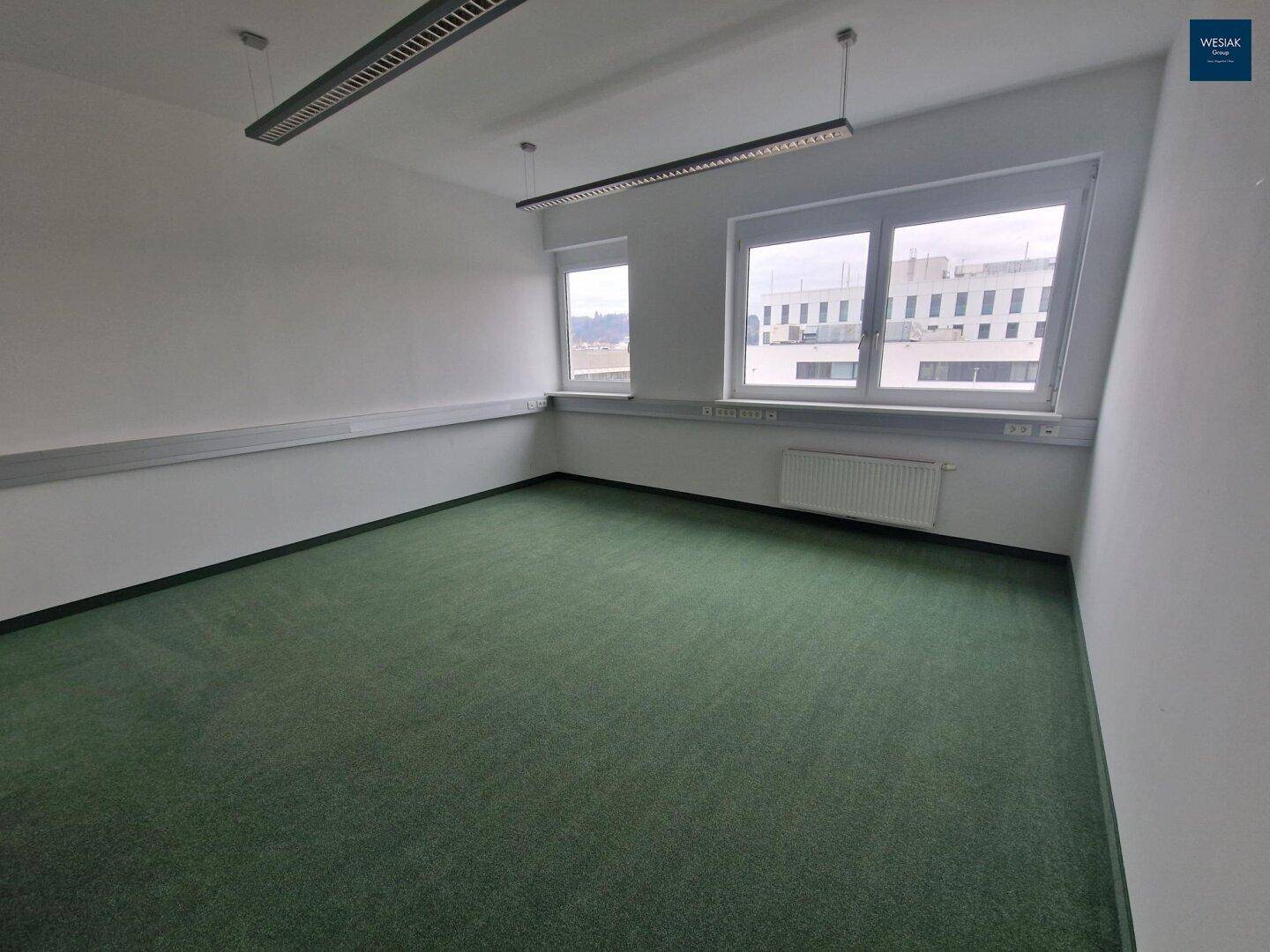 Leeres Büro mit Teppichboden, zwei Fenstern und Blick auf die Umgebung.