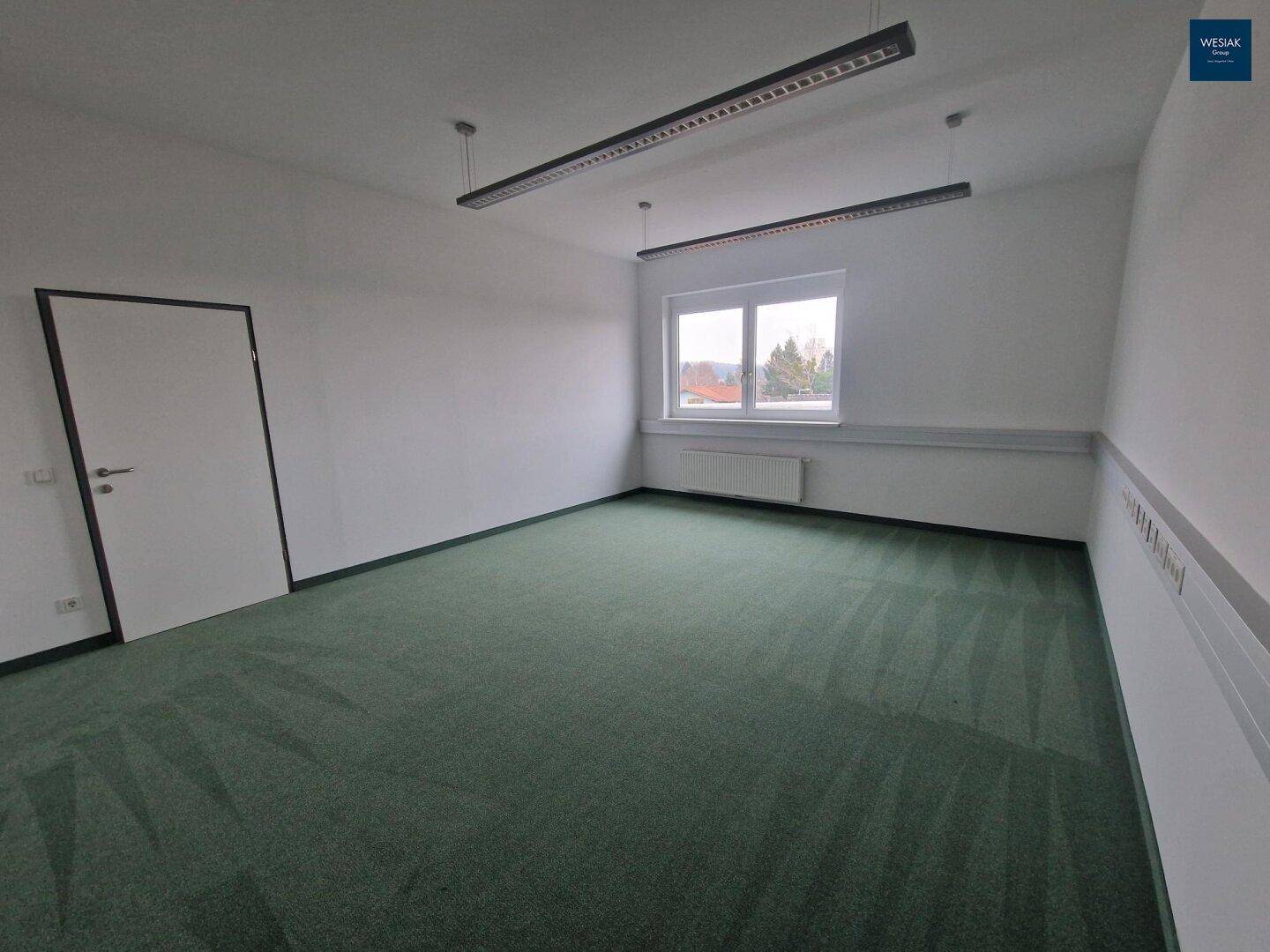 Leeres Büro mit Teppichboden, einem Fenster und einer weißen Tür.
