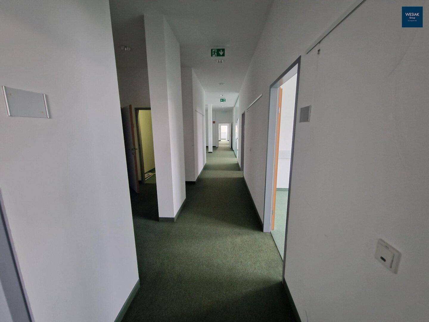 Langer Flur mit Teppichboden, weißen Wänden und mehreren Türen zu Büroräumen.