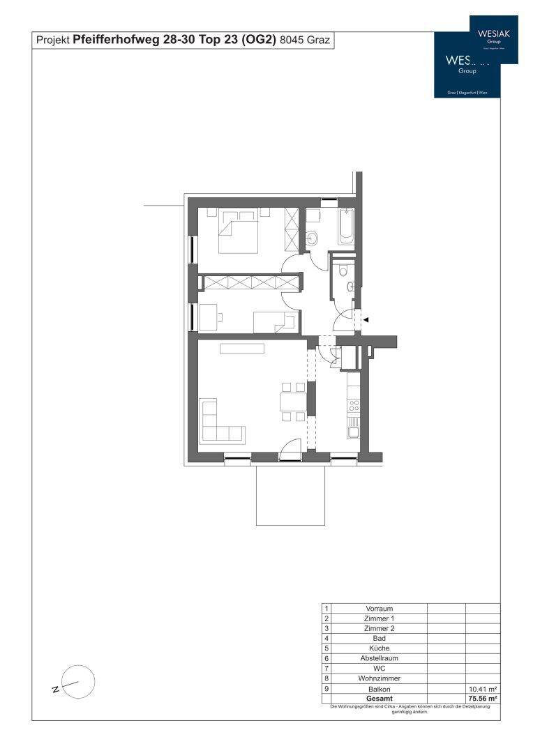 Grundriss einer Wohnung mit offenem Wohnbereich, zwei Schlafzimmern und Balkon.