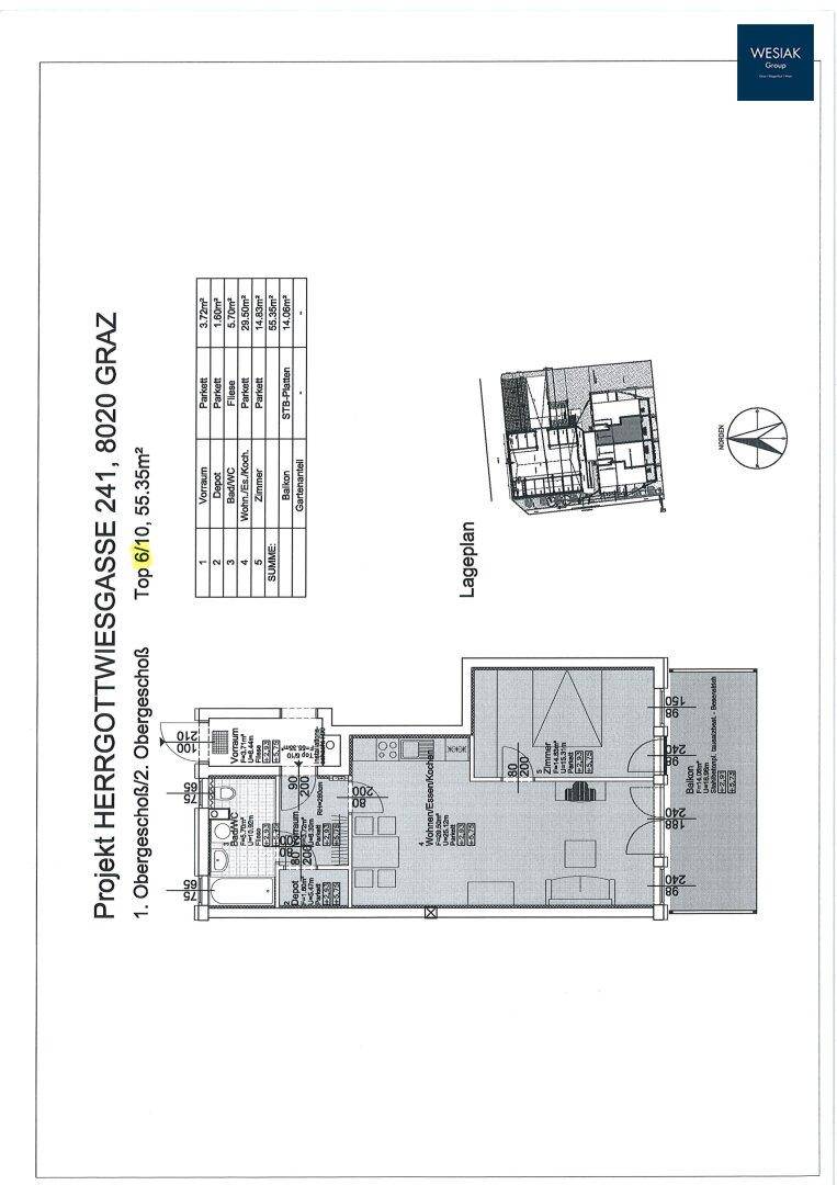 Grundriss der Wohnung mit Wohn-Essbereich, Schlafzimmer, Bad und Balkon auf 55,35m².