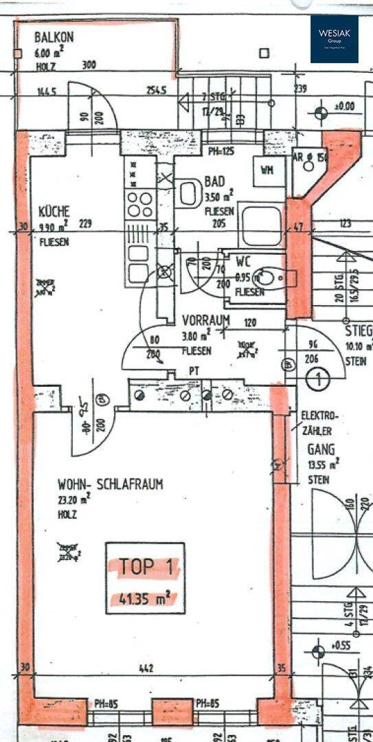 Detaillierter Grundriss von Top 1 mit Wohn-Schlafbereich, Küche und Bad.