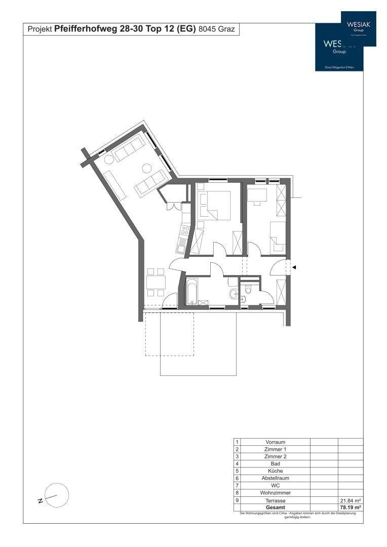 Grundriss einer Erdgeschosswohnung mit offenem Wohnbereich, zwei Schlafzimmern und Terrasse.