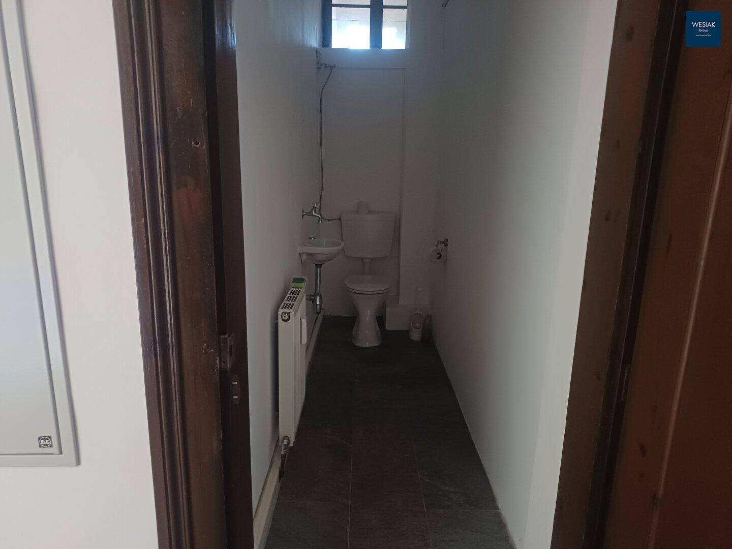 Schmales WC mit Toilette, kleinem Waschbecken, Heizkörper und dunklen Fliesen.