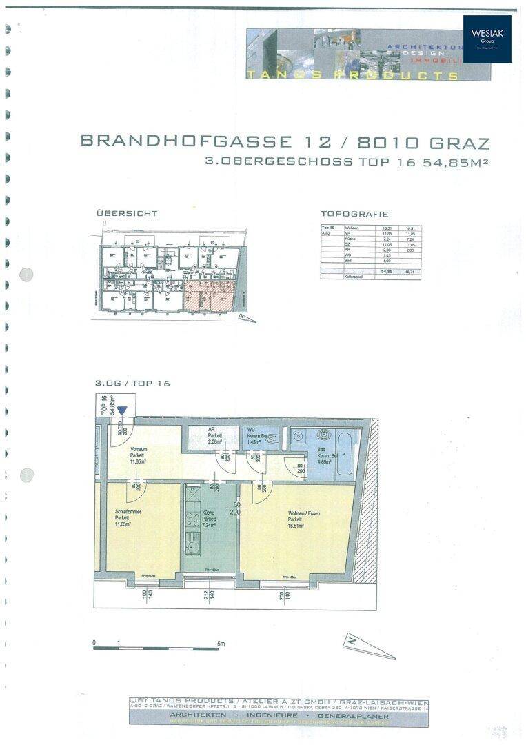 Grundriss der Wohnung Top 16 im 3. Obergeschoss mit 54,85m² Wohnfläche und Balkon.