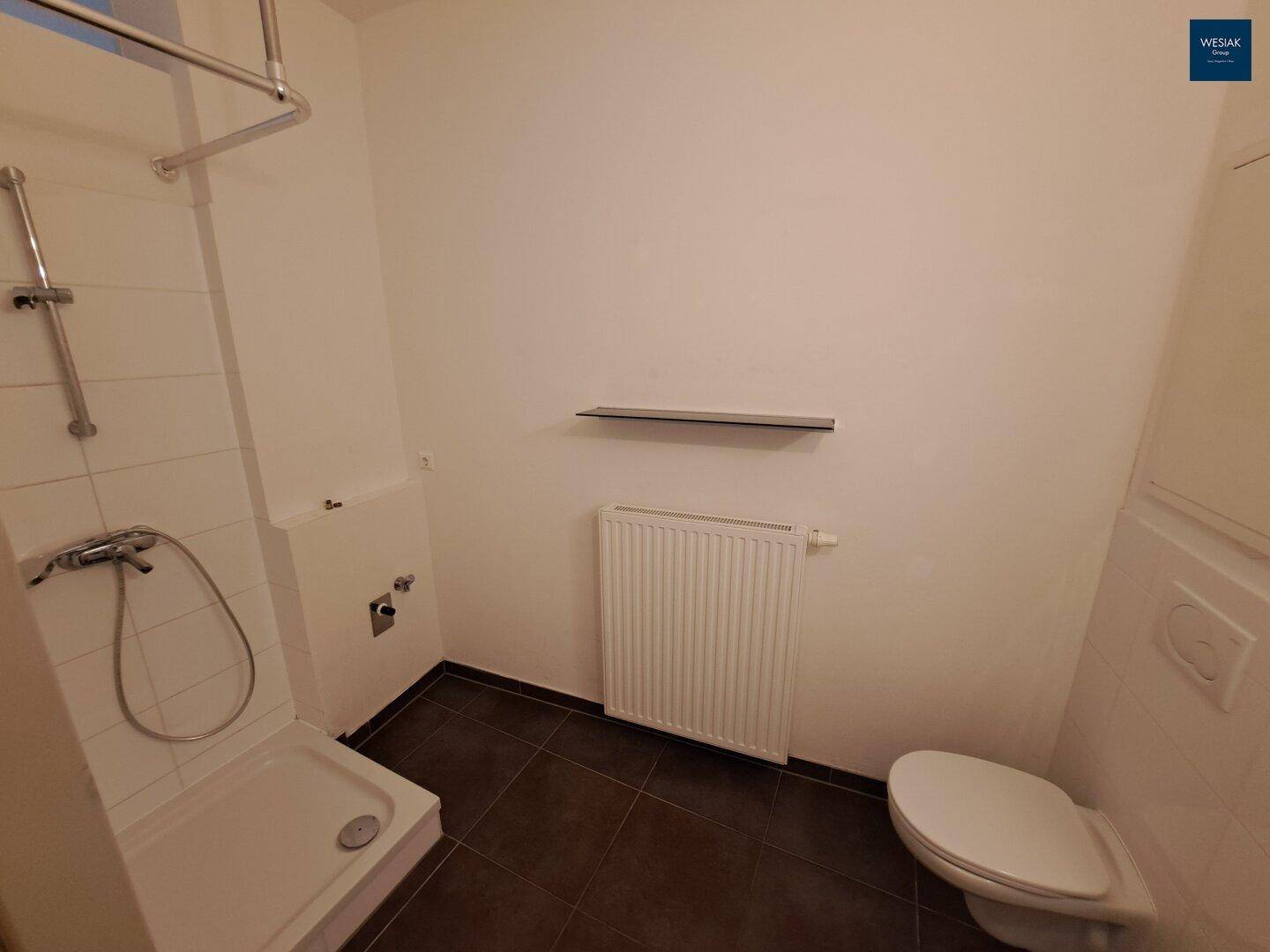 Kleines Badezimmer mit Duschkabine, Toilette und Heizkörper, ausgestattet mit weißen Fliesen.