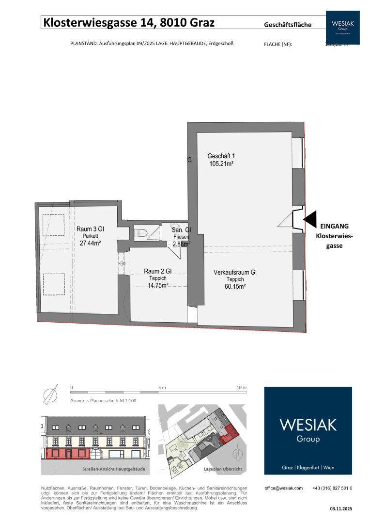 Grundrissplan für eine Gewerbefläche mit mehreren Räumen und Eingangsbereich.