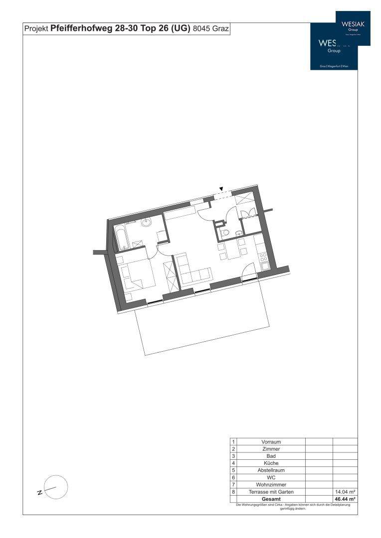 Grundriss einer Wohnung mit offenem Wohnbereich, Schlafzimmer, Bad, separatem WC und Zugang zu Terrasse und Garten.