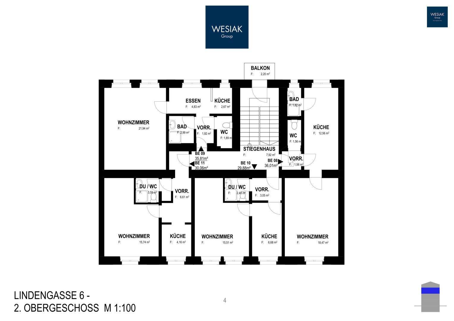 Grundriss des zweiten Obergeschosses mit Wohnzimmern, Küchen, Bädern, Essbereich und Balkon.