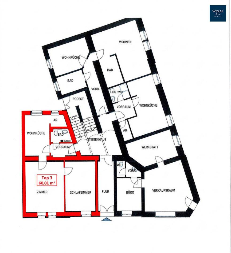 Grundrissplan einer Wohnung mit zwei Zimmern, Wohnküche und Bad.