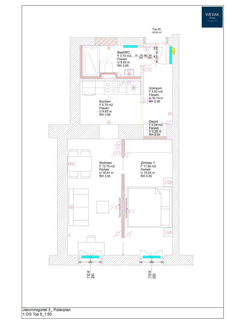Grundriss einer Wohnung mit separater Küche, Wohnzimmer, Schlafzimmer und Bad/WC.
